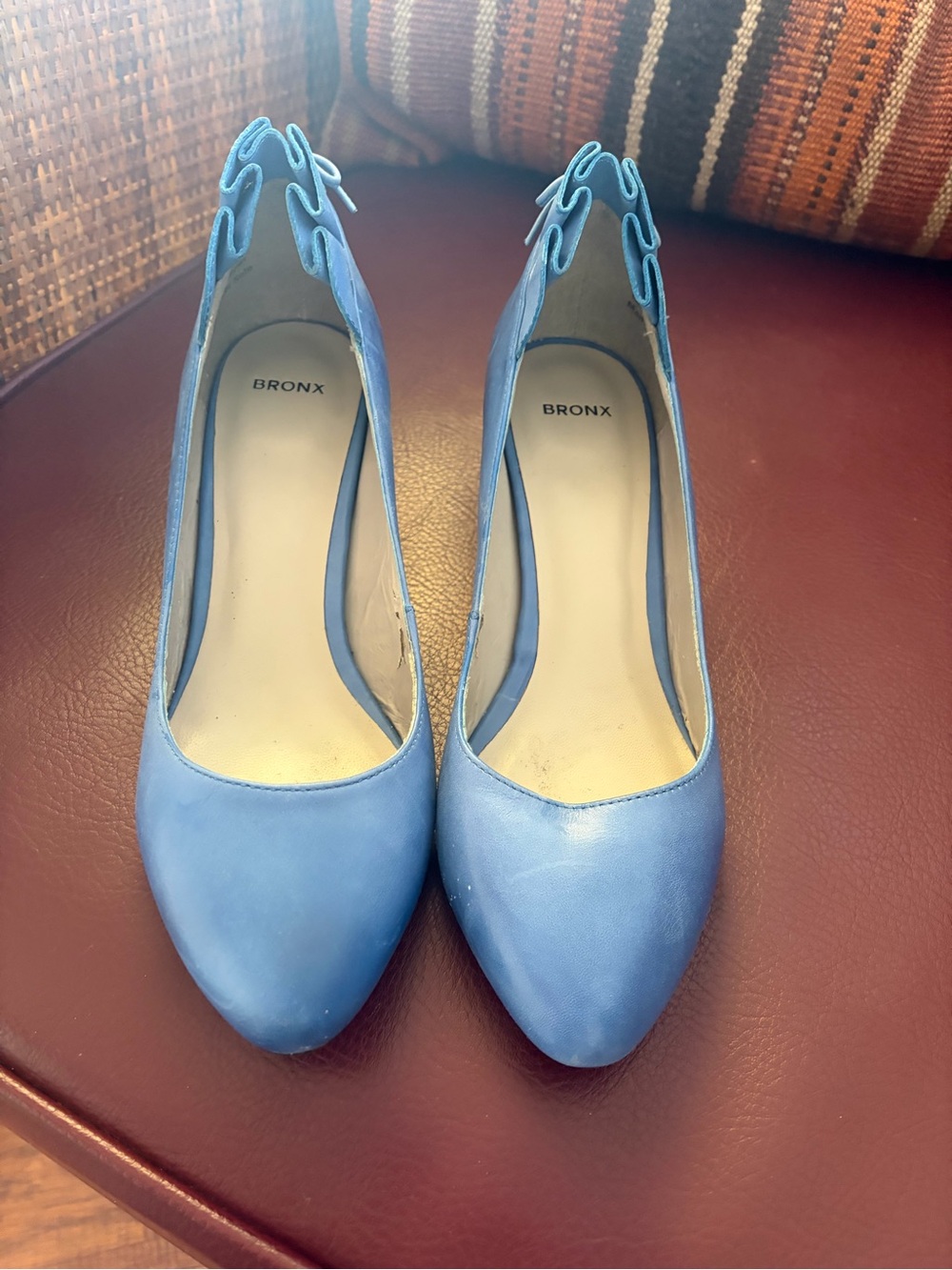 Bronx Light Blue Pointed-Toe Pumps with Scalloped Heel Trim